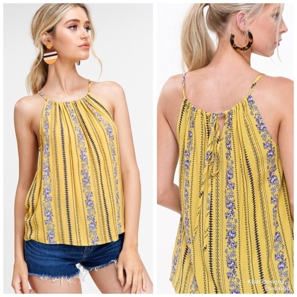 LAST 1! Canary Yellow Printed Woven Tie Back Halter! - Picture 1 of 5